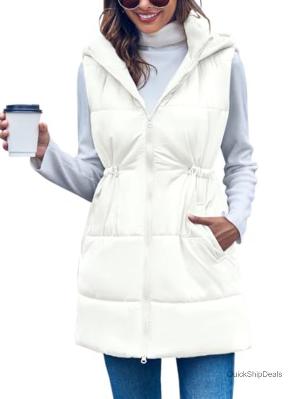 Women's Quilted Puffer Vest Hooded Sleeveless Long Zip Up Winter Coat